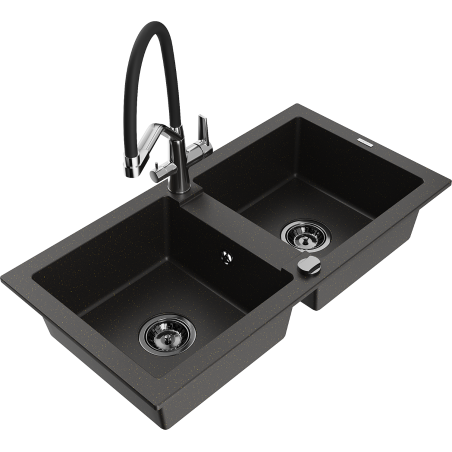 Mexen Mario granite kitchen sink 2-bowl with Duo kitchen faucet, black/gold metallic - 6504-75-671701-07-B