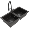 Mexen Mario 2-compartment granite sink with Duo kitchen faucet, black/golden metallic - 6504-75-671701-07-B