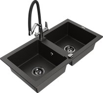 Mexen Mario 2-compartment granite sink with Duo kitchen faucet, black/golden metallic - 6504-75-671701-07-B