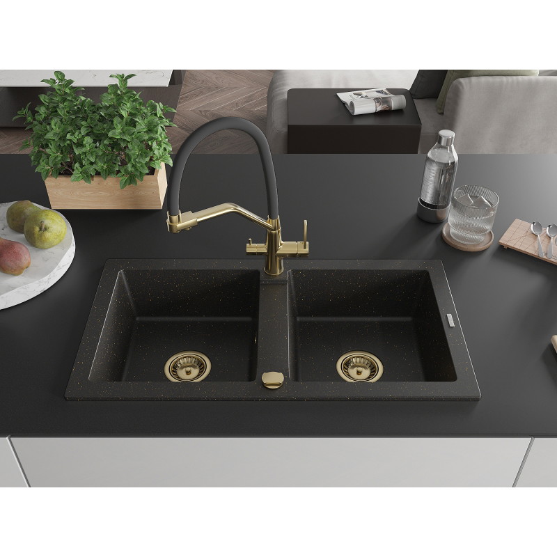 Mexen Mario 2-bowl granite sink with Duo kitchen faucet, black/gold metallic - 6504-75-671701-57-G