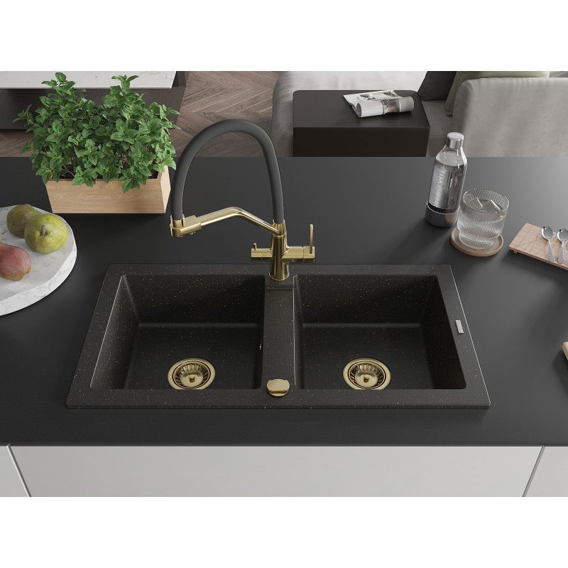 Mexen Mario 2-bowl granite sink with Duo kitchen tap, black/gold metallic - 6504-75-671701-57-G