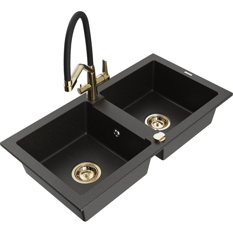 Mexen Mario 2-bowl granite sink with Duo kitchen tap, black/gold metallic - 6504-75-671701-57-G
