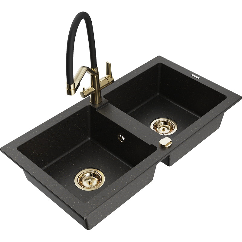 Mexen Mario granite double-bowl sink with Duo kitchen faucet, black/gold metallic - 6504-75-671701-57-G