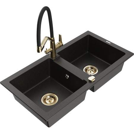 Mexen Mario 2-bowl granite sink with Duo kitchen faucet, black/gold metallic - 6504-75-671701-57-G