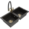 Mexen Mario 2-bowl granite sink with Duo kitchen faucet, black/gold metallic - 6504-75-671701-57-G