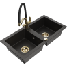 Mexen Mario granite double-bowl sink with Duo kitchen faucet, black/gold metallic - 6504-75-671701-57-G