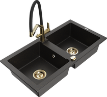 Mexen Mario 2-compartment granite sink with a kitchen mixer tap Duo, Black/ gold metallic - 6504-75-671701-57-G