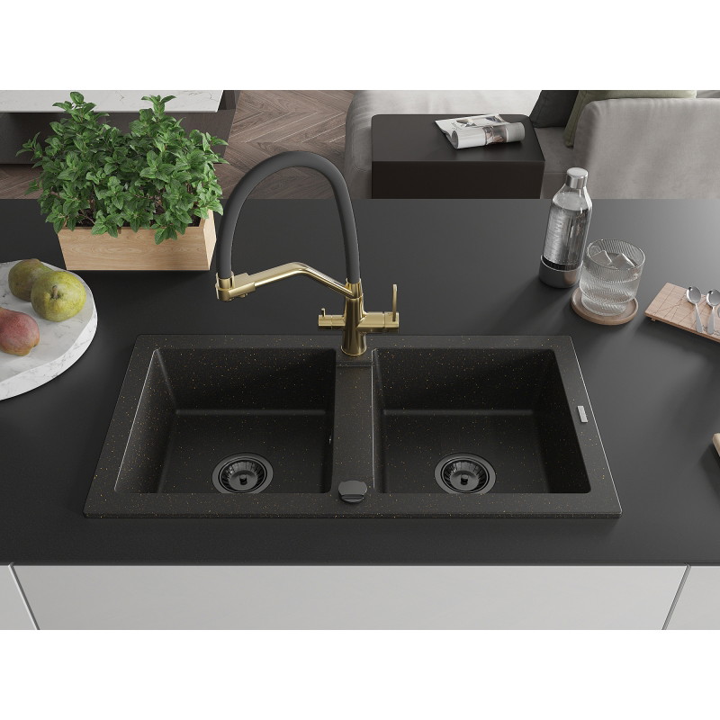Mexen Mario 2-bowl granite sink with Duo kitchen faucet, black/gold metallic - 6504-75-671701-57-B