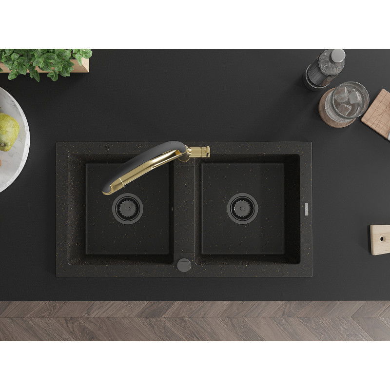 Mexen Mario granite kitchen sink 2-bowl with Duo kitchen tap, black/gold metallic - 6504-75-671701-57-B