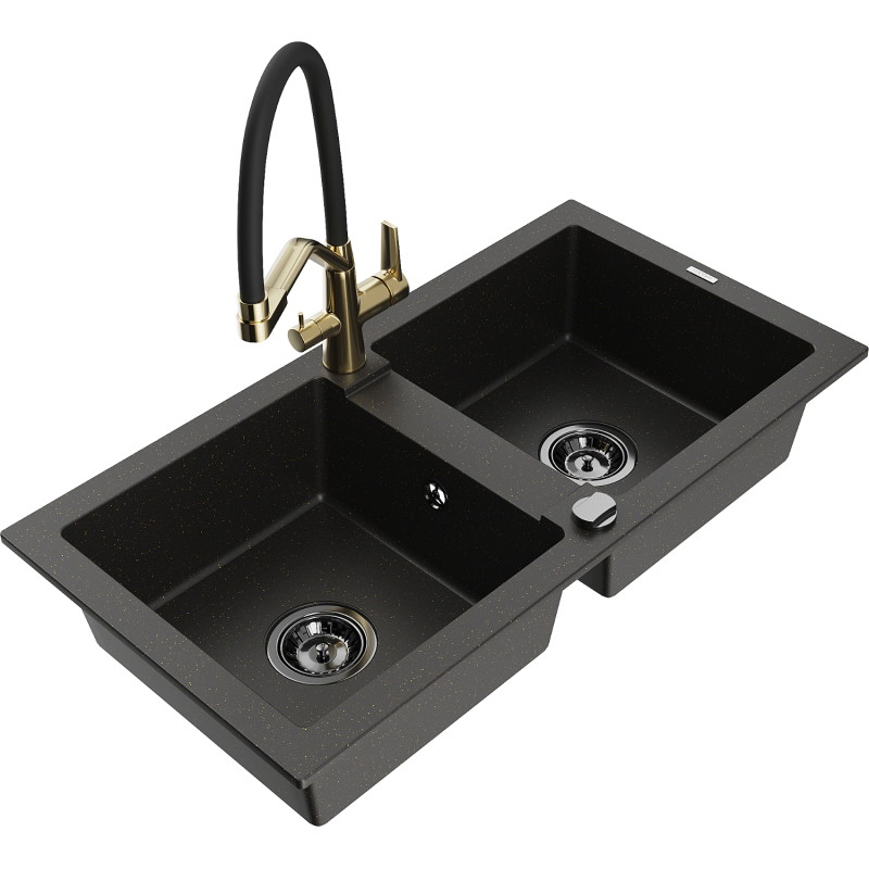 Mexen Mario 2-bowl granite sink with Duo kitchen faucet, black/gold metallic - 6504-75-671701-57-B