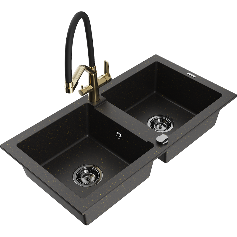 Mexen Mario 2-compartment granite sink with a kitchen mixer tap Duo, Black/ gold metallic - 6504-75-671701-57-B