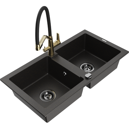 Mexen Mario 2-bowl granite sink with Duo kitchen faucet, black/gold metallic - 6504-75-671701-57-B