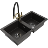 Mexen Mario 2-bowl granite sink with Duo kitchen faucet, black/gold metallic - 6504-75-671701-57-B