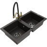 Mexen Mario 2-compartment granite sink with a kitchen mixer tap Duo, Black/ gold metallic - 6504-75-671701-57-B