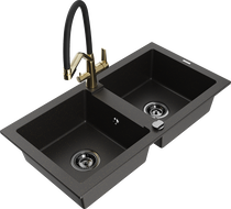 Mexen Mario 2-bowl Granite Sink with Kitchen Faucet Duo, Black/Gold Metallic - 6504-75-671701-57-B