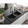 Mexen Mario granite double-bowl kitchen sink with Duo tap, black/gold metallic - 6504-75-671701-70-B