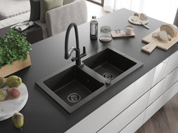 Mexen Mario granite double-bowl kitchen sink with Duo tap, black/gold metallic - 6504-75-671701-70-B