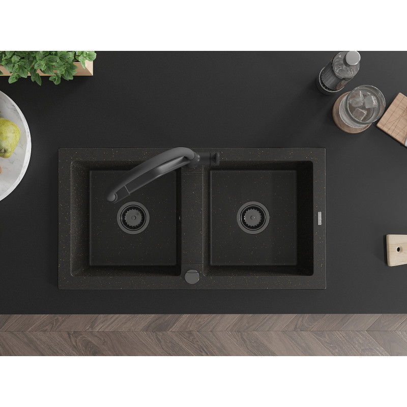 Mexen Mario granite sink 2-chamber with Duo kitchen tap, black/golden metallic - 6504-75-671701-70-B