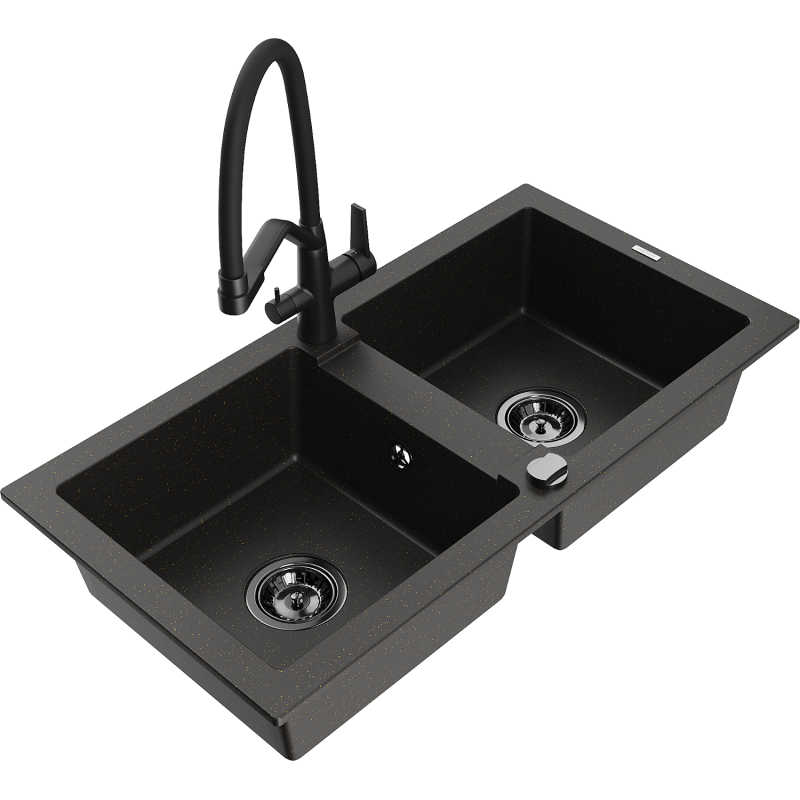 Mexen Mario granite sink 2-chamber with Duo kitchen tap, black/golden metallic - 6504-75-671701-70-B