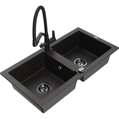Mexen Mario granite double-bowl kitchen sink with Duo tap, black/gold metallic - 6504-75-671701-70-B