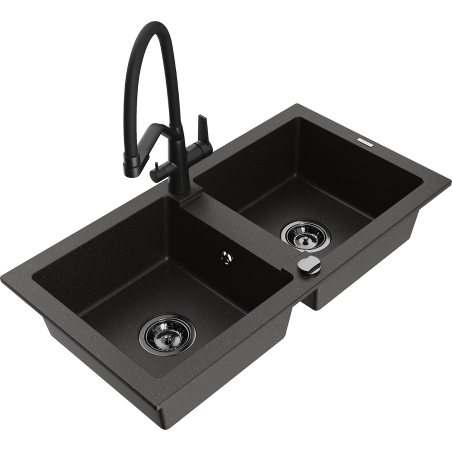 Mexen Mario granite sink 2-chamber with Duo kitchen tap, black/golden metallic - 6504-75-671701-70-B