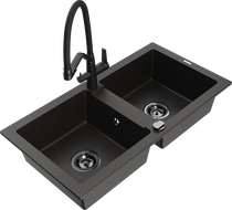 Mexen Mario granite sink 2-chamber with Duo kitchen tap, black/golden metallic - 6504-75-671701-70-B