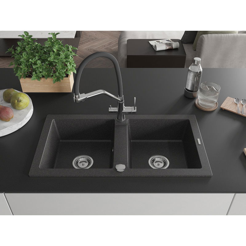 Mexen Mario granite sink 2-bowl with Duo kitchen tap, black speckled - 6504-76-671701-07