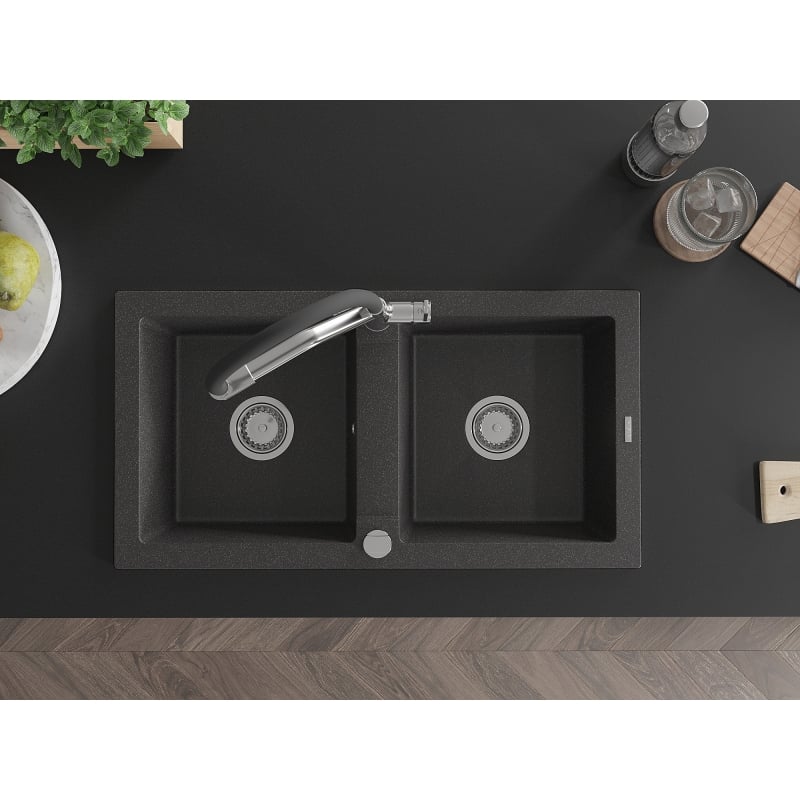 Mexen Mario 2-bowl granite sink with Duo kitchen faucet, speckled black - 6504-76-671701-07
