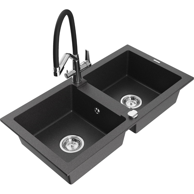 Mexen Mario 2-chamber granite sink with Duo kitchen faucet, black speckled - 6504-76-671701-07
