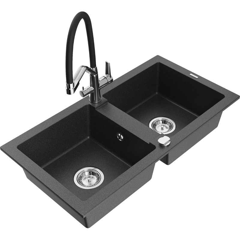 Mexen Mario 2-compartment granite sink with a kitchen mixer tap Duo, Spotted black - 6504-76-671701-07