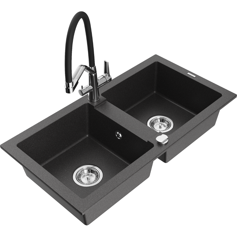 Mexen Mario granite sink 2-bowl with Duo kitchen tap, black speckled - 6504-76-671701-07