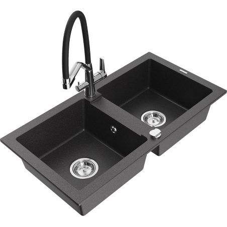 Mexen Mario 2-compartment granite sink with a kitchen mixer tap Duo, Spotted black - 6504-76-671701-07