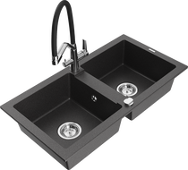 Mexen Mario 2-bowl granite sink with Duo kitchen faucet, speckled black - 6504-76-671701-07