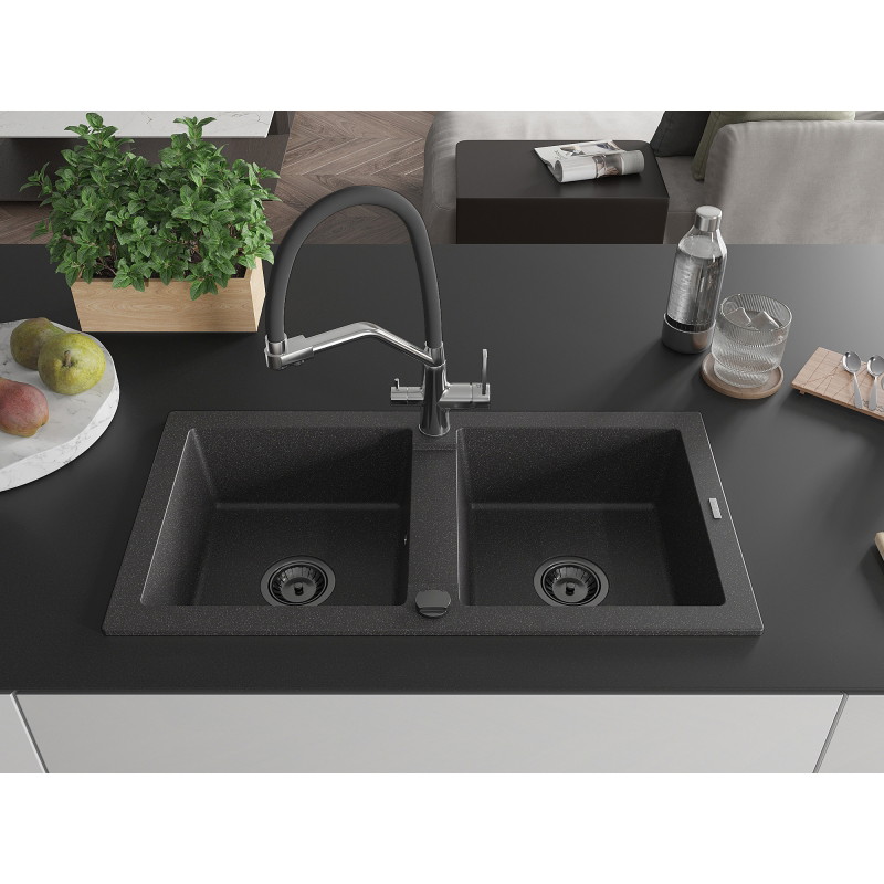 Mexen Mario 2-bowl granite kitchen sink with Duo kitchen faucet, black speckled - 6504-76-671701-07-B