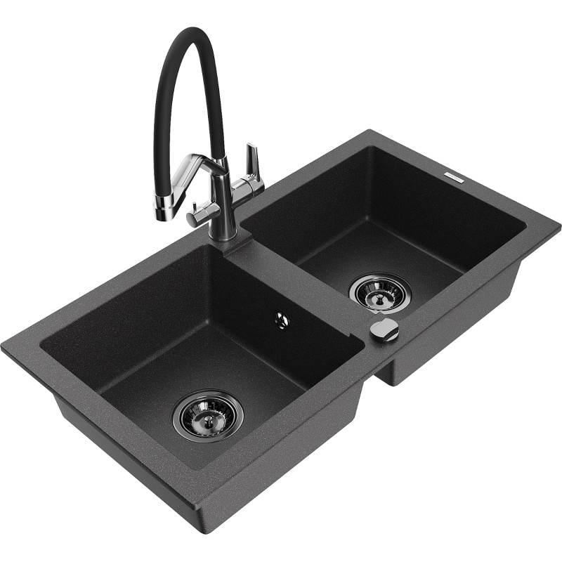 Mexen Mario 2-bowl granite kitchen sink with Duo kitchen faucet, black speckled - 6504-76-671701-07-B