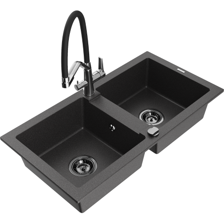 Mexen Mario 2-bowl granite kitchen sink with Duo kitchen faucet, black speckled - 6504-76-671701-07-B