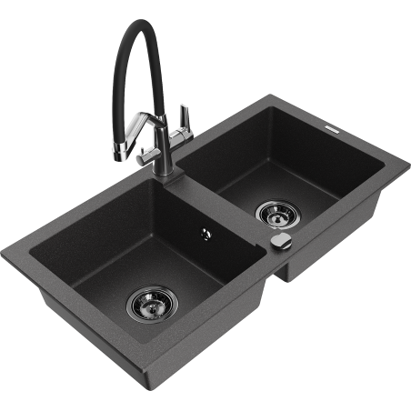 Mexen Mario granite double-bowl kitchen sink with Duo faucet, speckled black - 6504-76-671701-07-B