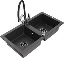 Mexen Mario Granite Sink 2-Bowl with Duo Kitchen Tap, Black Spotted - 6504-76-671701-07-B