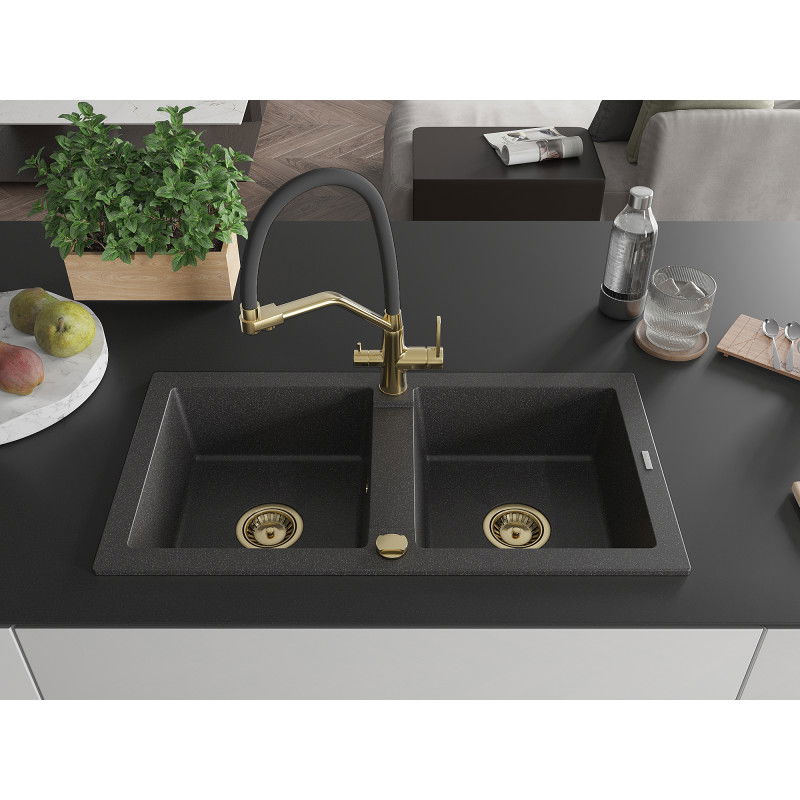 Mexen Mario granite double-bowl sink with Duo kitchen tap, black speckled - 6504-76-671701-57-G