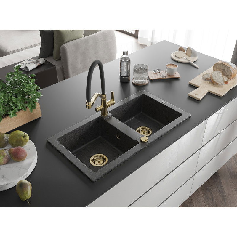 Mexen Mario granite double-bowl sink with Duo kitchen tap, black speckled - 6504-76-671701-57-G