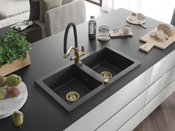 Mexen Mario granite double-bowl sink with Duo kitchen tap, black speckled - 6504-76-671701-57-G