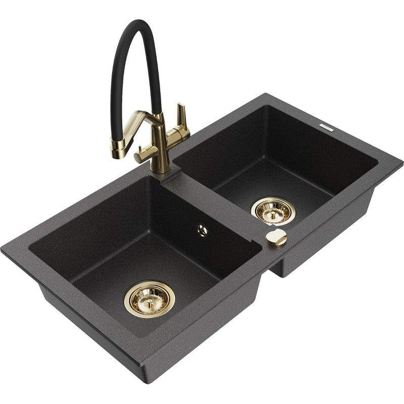 Mexen Mario 2-bowl granite sink with Duo kitchen faucet, speckled black - 6504-76-671701-57-G