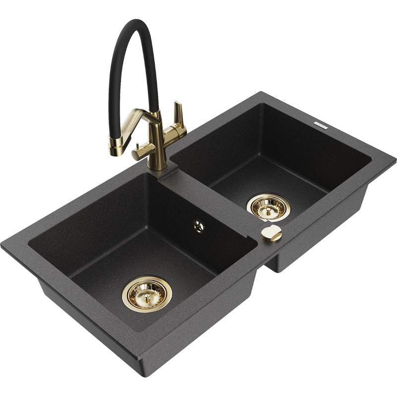 Mexen Mario granite double-bowl sink with Duo kitchen tap, black speckled - 6504-76-671701-57-G