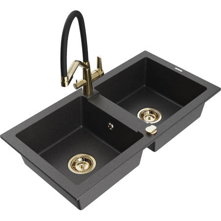 Mexen Mario 2-compartment granite sink with a kitchen mixer tap Duo, Spotted black - 6504-76-671701-57-G