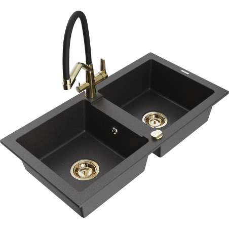 Mexen Mario granite double-bowl sink with Duo kitchen tap, black speckled - 6504-76-671701-57-G