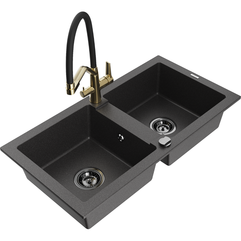 Mexen Mario 2-compartment granite sink with a kitchen mixer tap Duo, Spotted black - 6504-76-671701-57-B