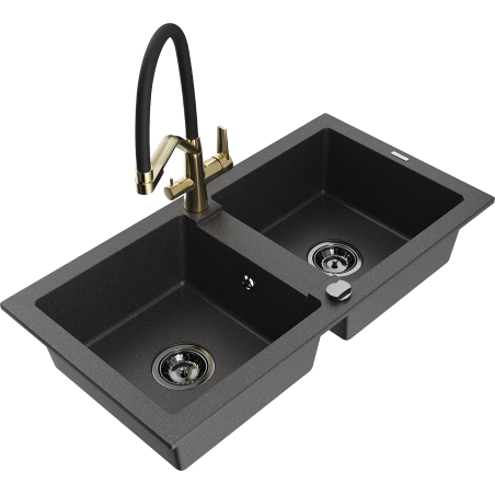 Mexen Mario 2-compartment granite sink with a kitchen mixer tap Duo, Spotted black - 6504-76-671701-57-B