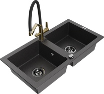 Mexen Mario 2-compartment granite sink with a kitchen mixer tap Duo, Spotted black - 6504-76-671701-57-B