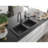 Mexen Mario granite double-bowl kitchen sink with Duo faucet, black speckled - 6504-76-671701-70-B