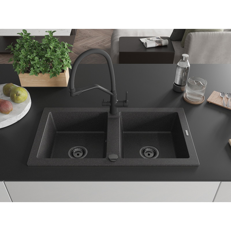 Mexen Mario 2-bowl granite kitchen sink with Duo faucet, black speckled - 6504-76-671701-70-B